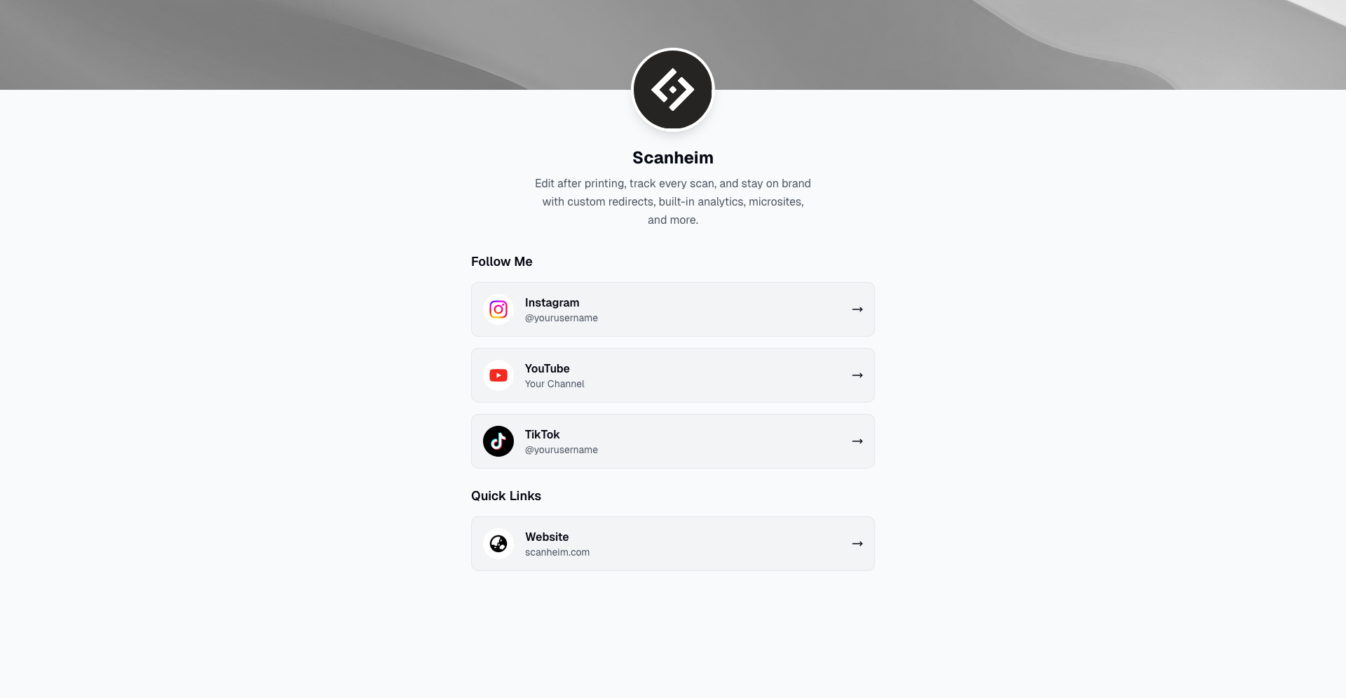 Microsite builder preview with profile and social links
