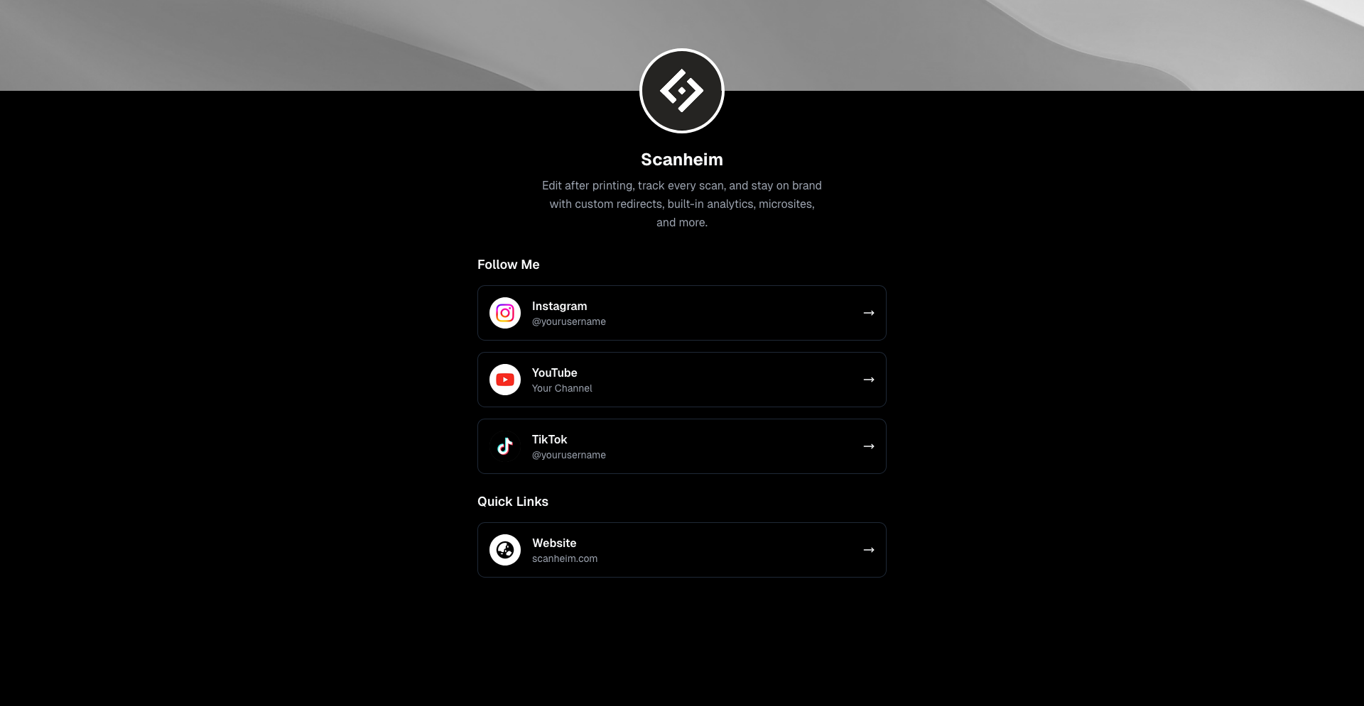 Microsite builder preview with profile and social links