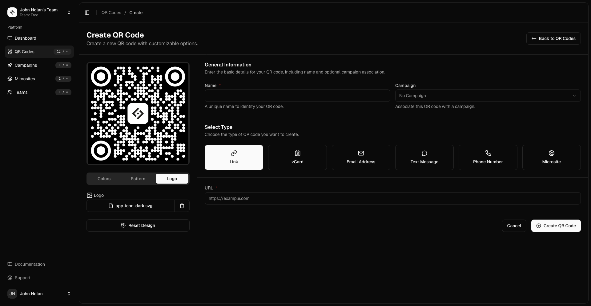 Dashboard showcase with QR code management and analytics insights